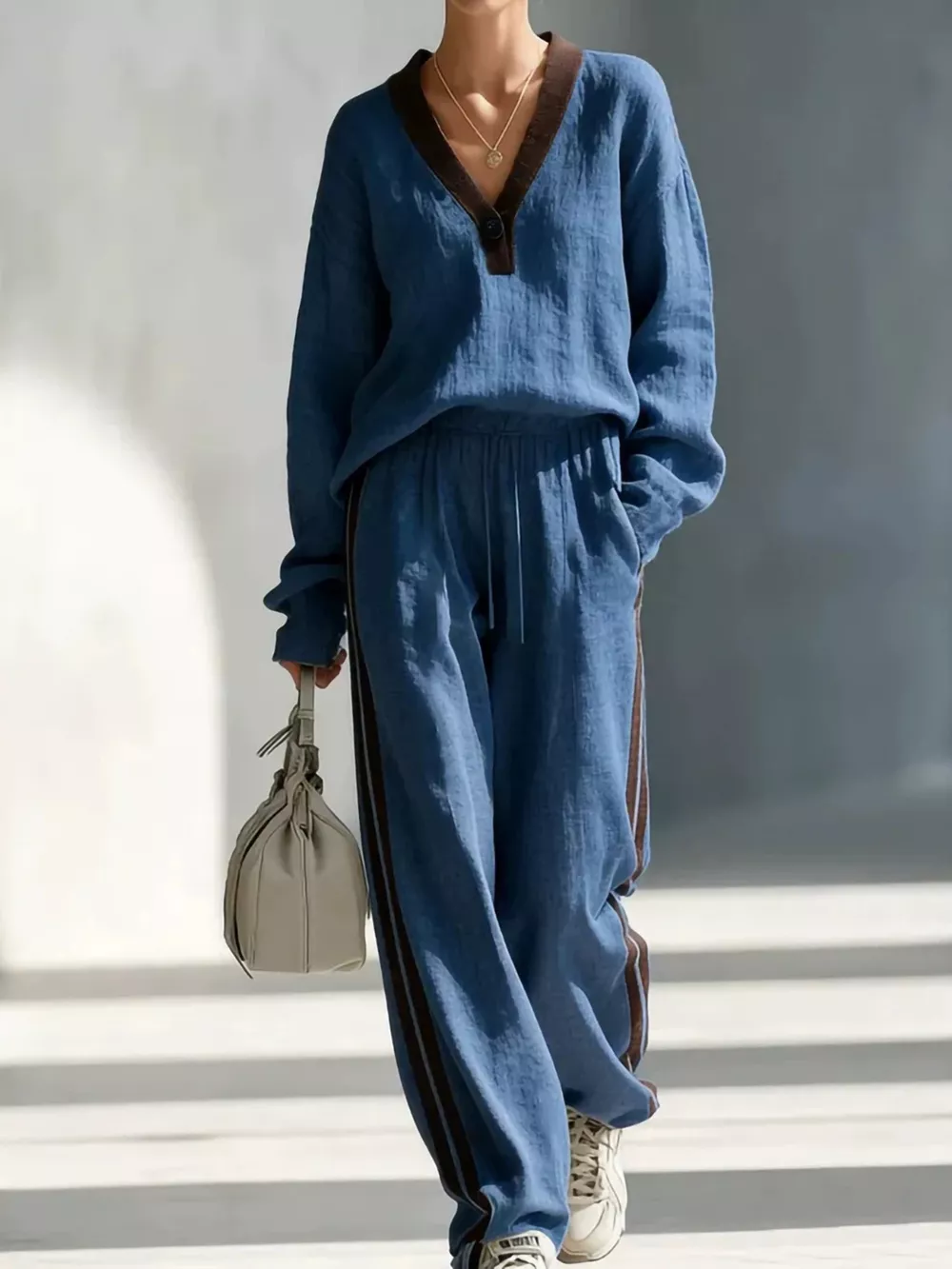 Contrast V-Neck Top and Striped Pants Set, image 4