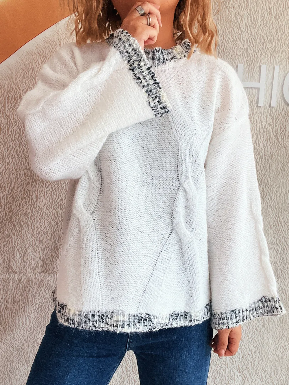 Contrast Trim Detail Round Neck Sweater, image 2