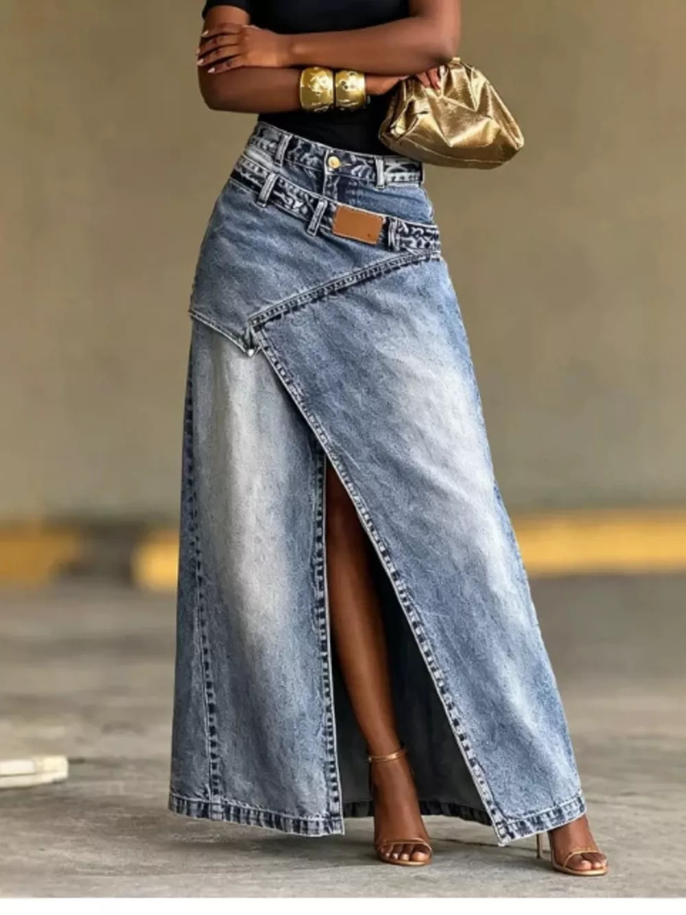 High-Waisted Asymmetric Slit Denim Maxi Skirt, image 4