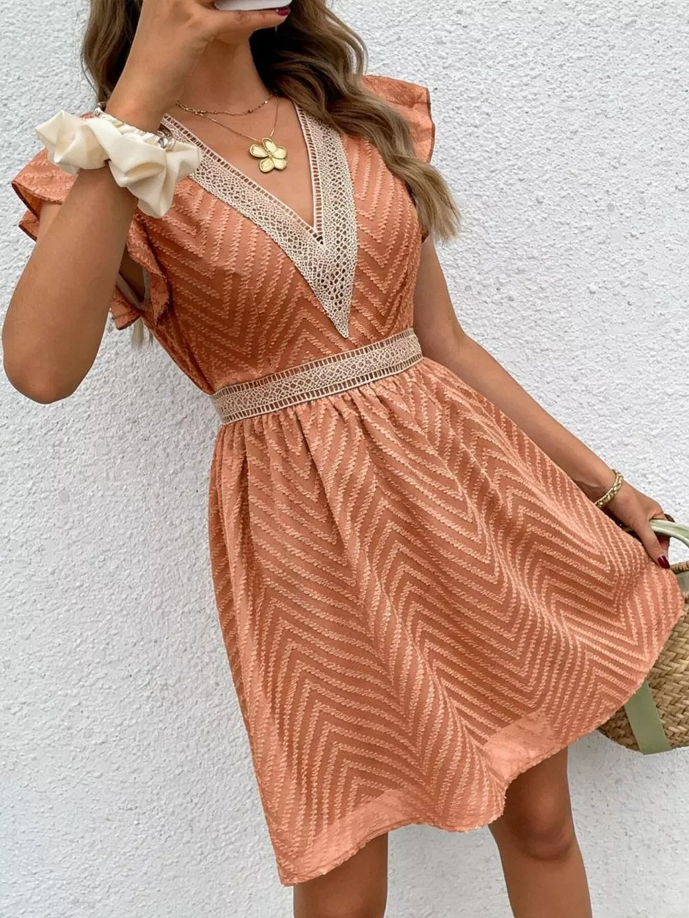 V-Neck Ruffle Sleeve Mini Dress, image 24