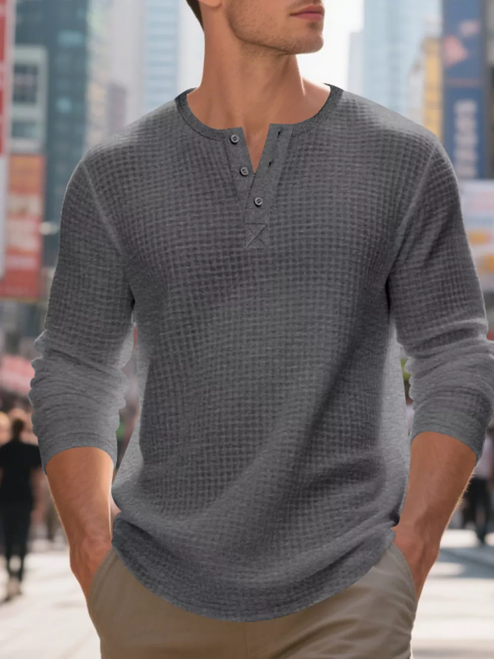 Men's Plus Size Casual Waffle Knit Henley T-Shirt, image 13