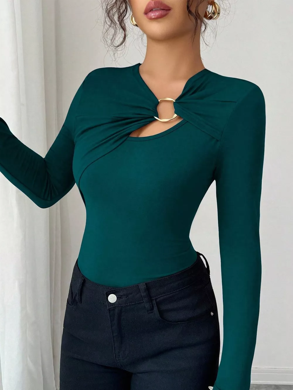 Twist Front Ring Detail Long Sleeve T-Shirt, image 14