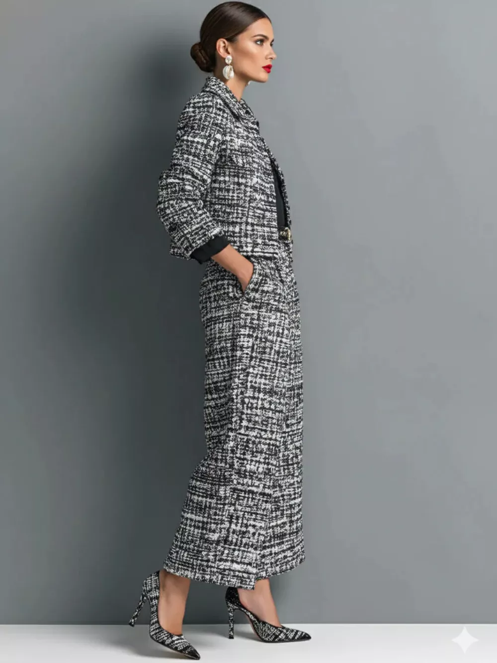 Tweed Cropped Jacket and Wide-Leg Pants Set, image 3