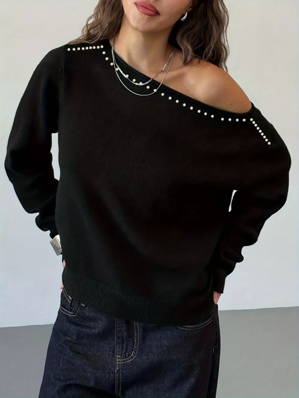 Studded Single Shoulder Knit Top, image 3