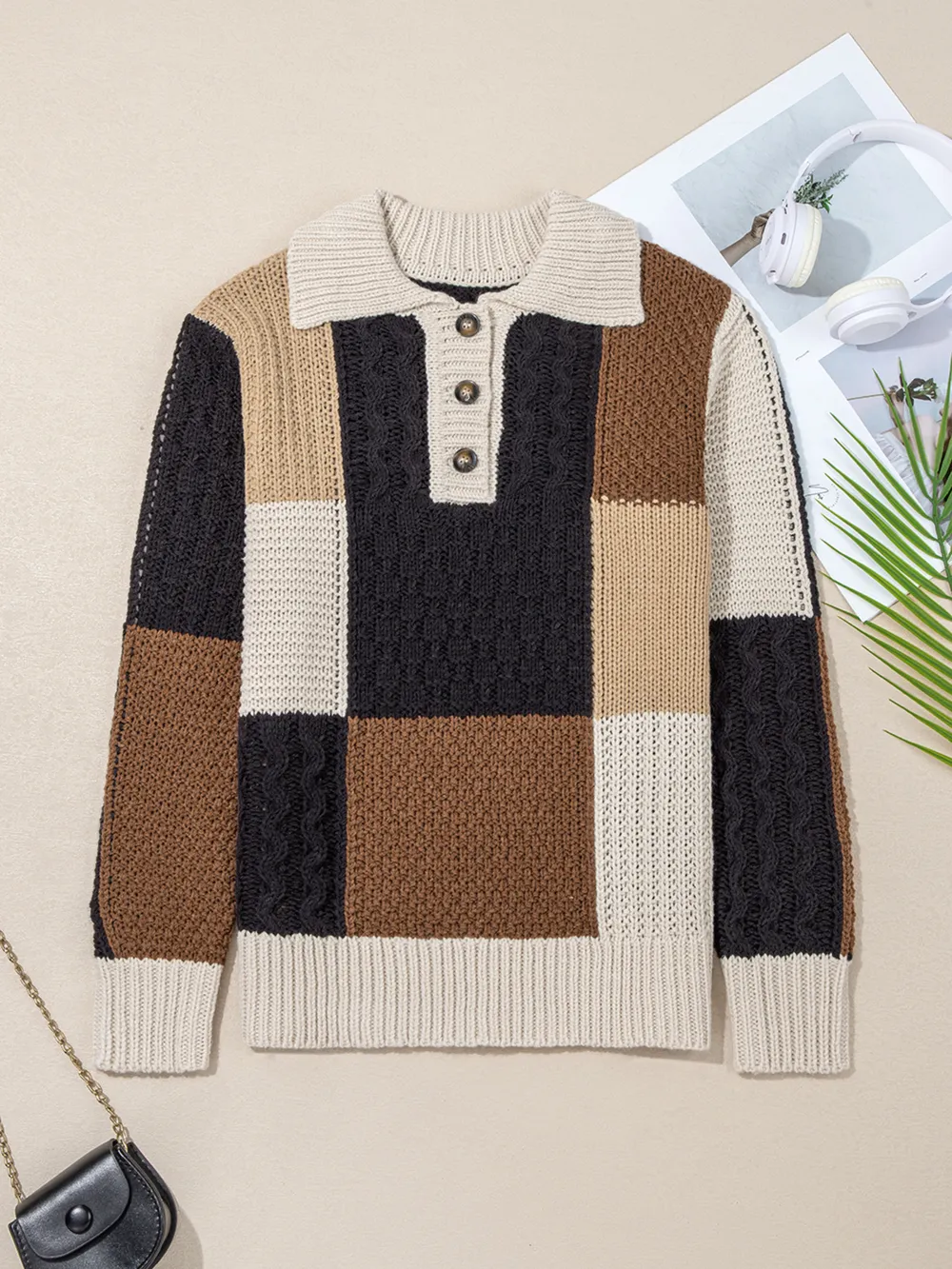 Multicolour Color Block Cable Knit Sleeve Buttons Collared Sweater, image 10