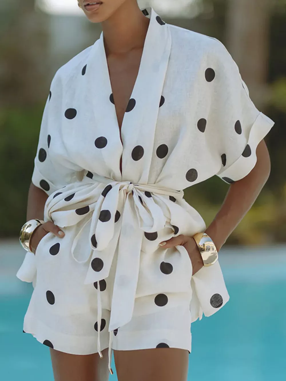 Polka Dot Tie Waist Top and Shorts Set, image 4