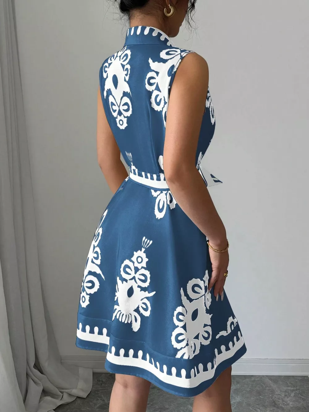 Sleeveless Ruched Printed Tie Waist Dress, image 7