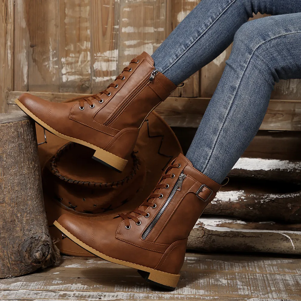 Round Toe Lace Up Block Heels Boots, image 8