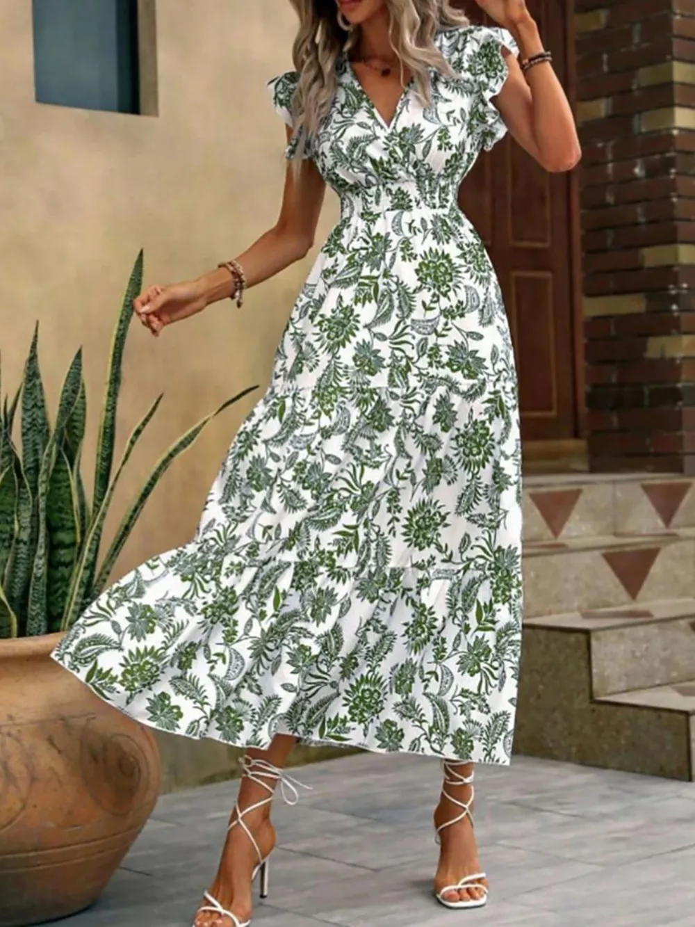 Floral Print Ruffle Sleeve Midi Dress, image 12