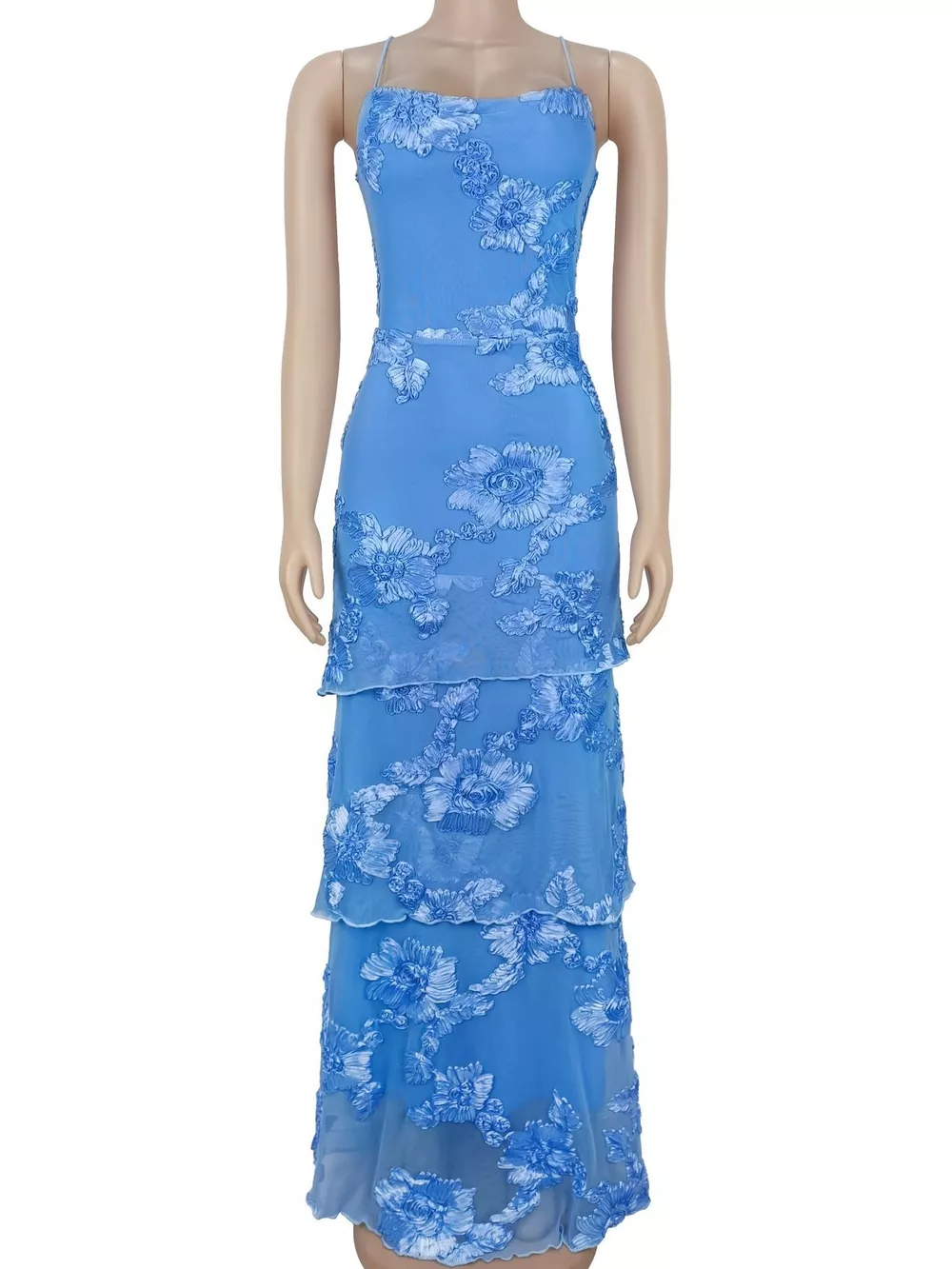 Floral Applique Tiered Maxi Dress with Lace Up Detail, image 4