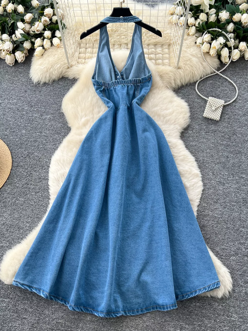 Halter Neck Button-Down Denim Dress, image 4