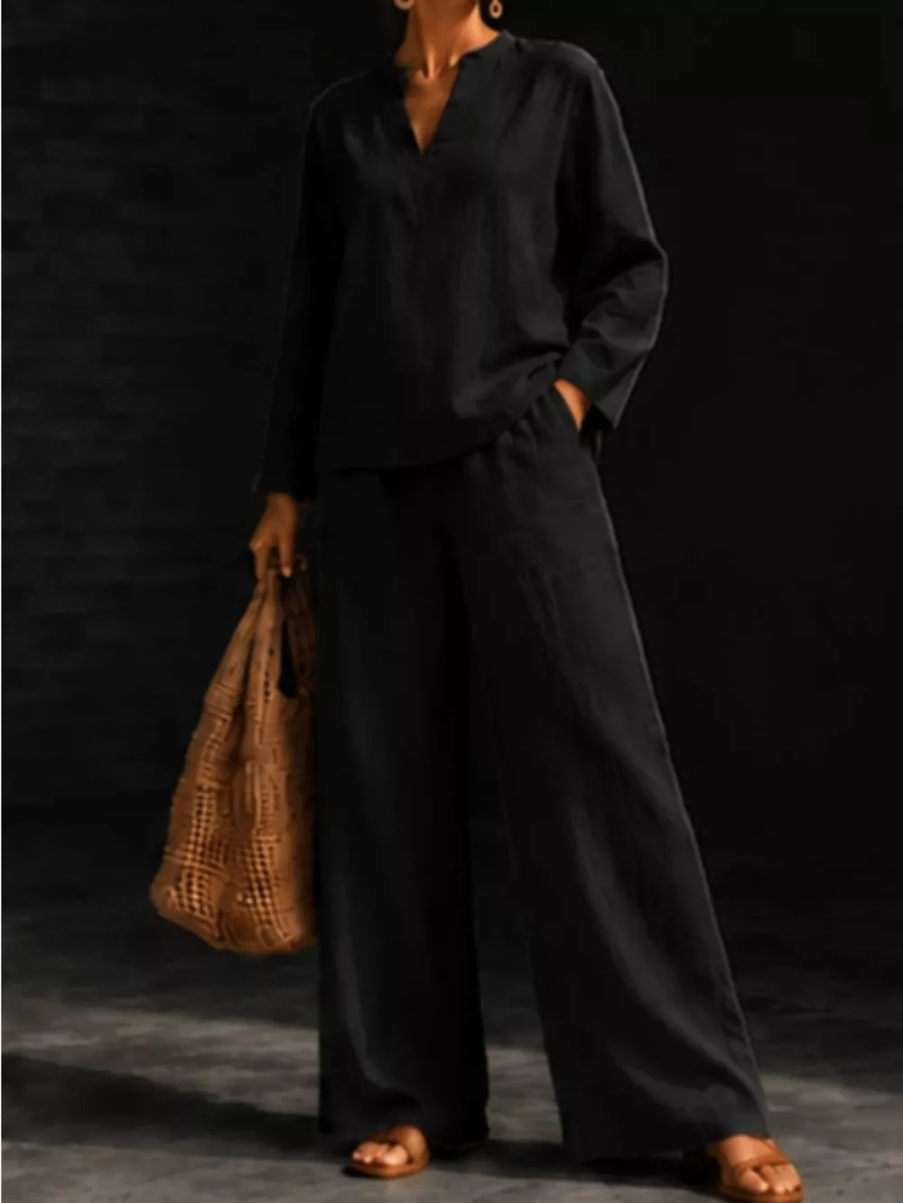 Notched Long Sleeve Top and Pants Set, image 9