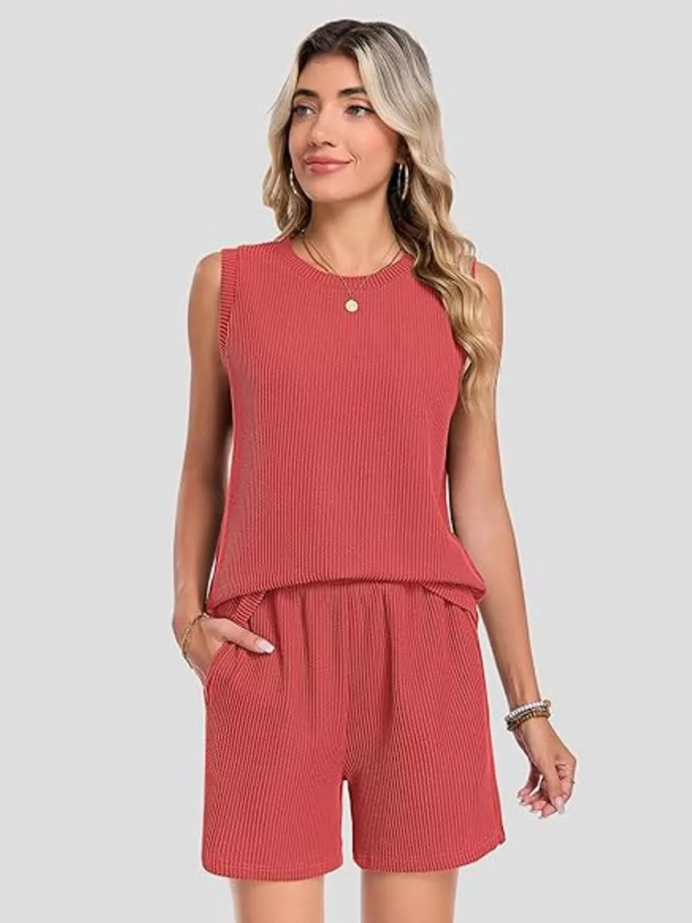 Casual Ribbed Knit Sleeveless Top and Shorts Set, image 4