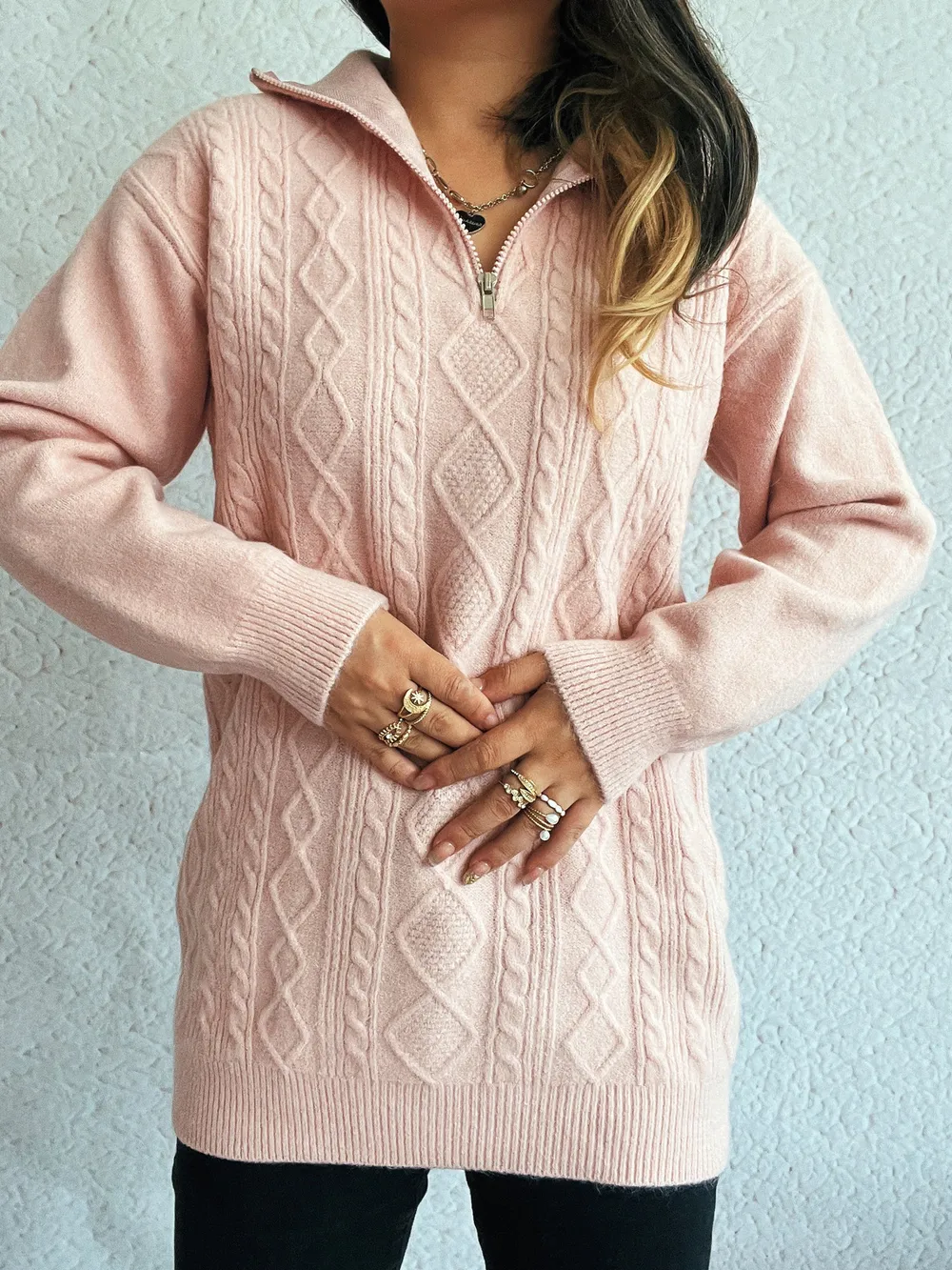 Texture Zip Collar Long Sleeve Sweater, image 10