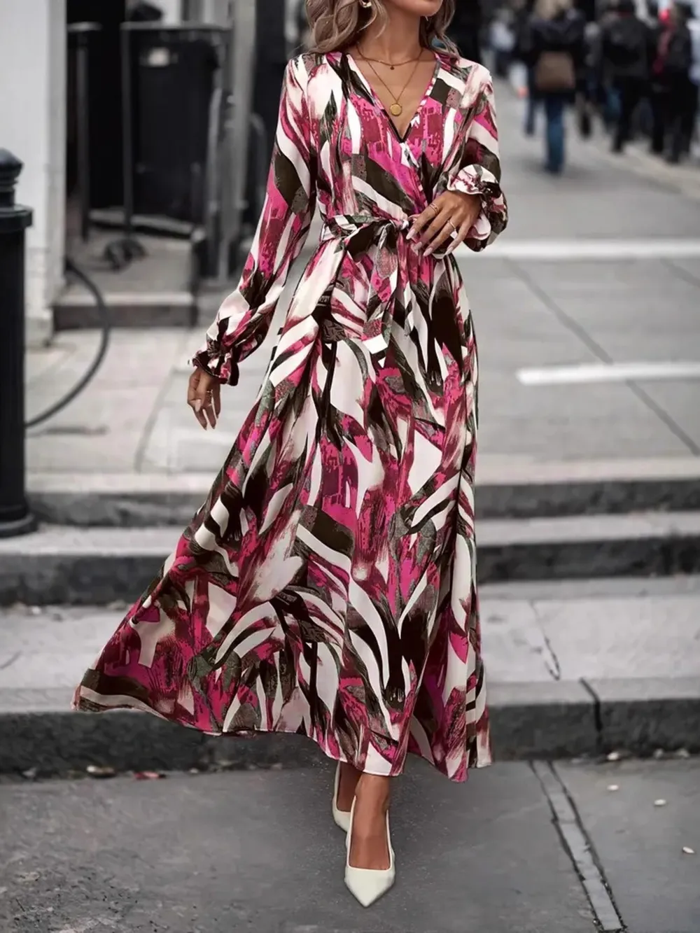 Printed Surplice Long Sleeve Maxi Dress, image 7