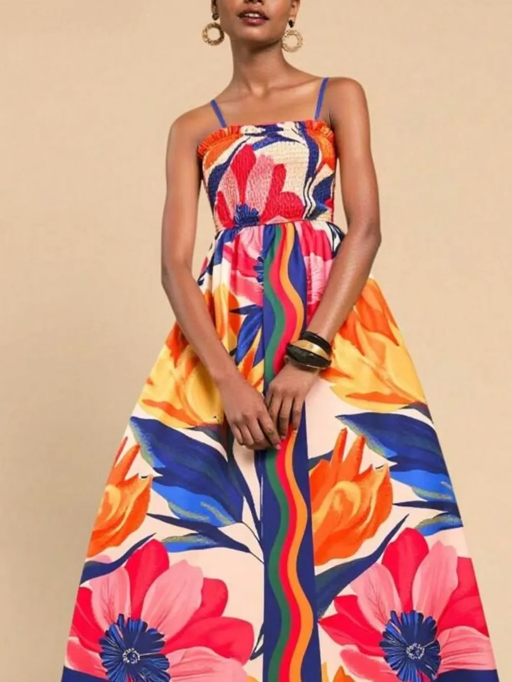 Smocked Printed Spaghetti Strap Maxi Summer Dress, image 6