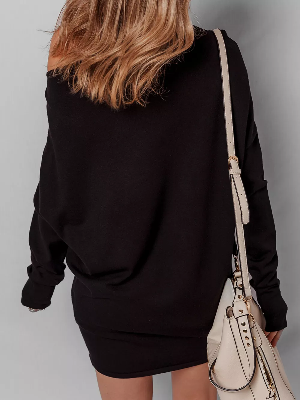 Asymmetric Neck Batwing Sleeve Shift Mini Sweater Dress, image 6