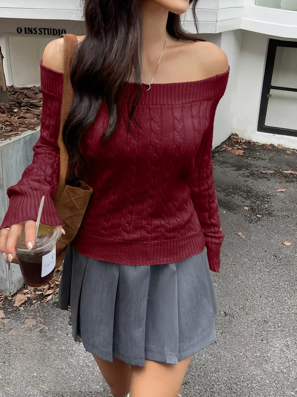 Off-Shoulder Cable Knit Sweater, image 8