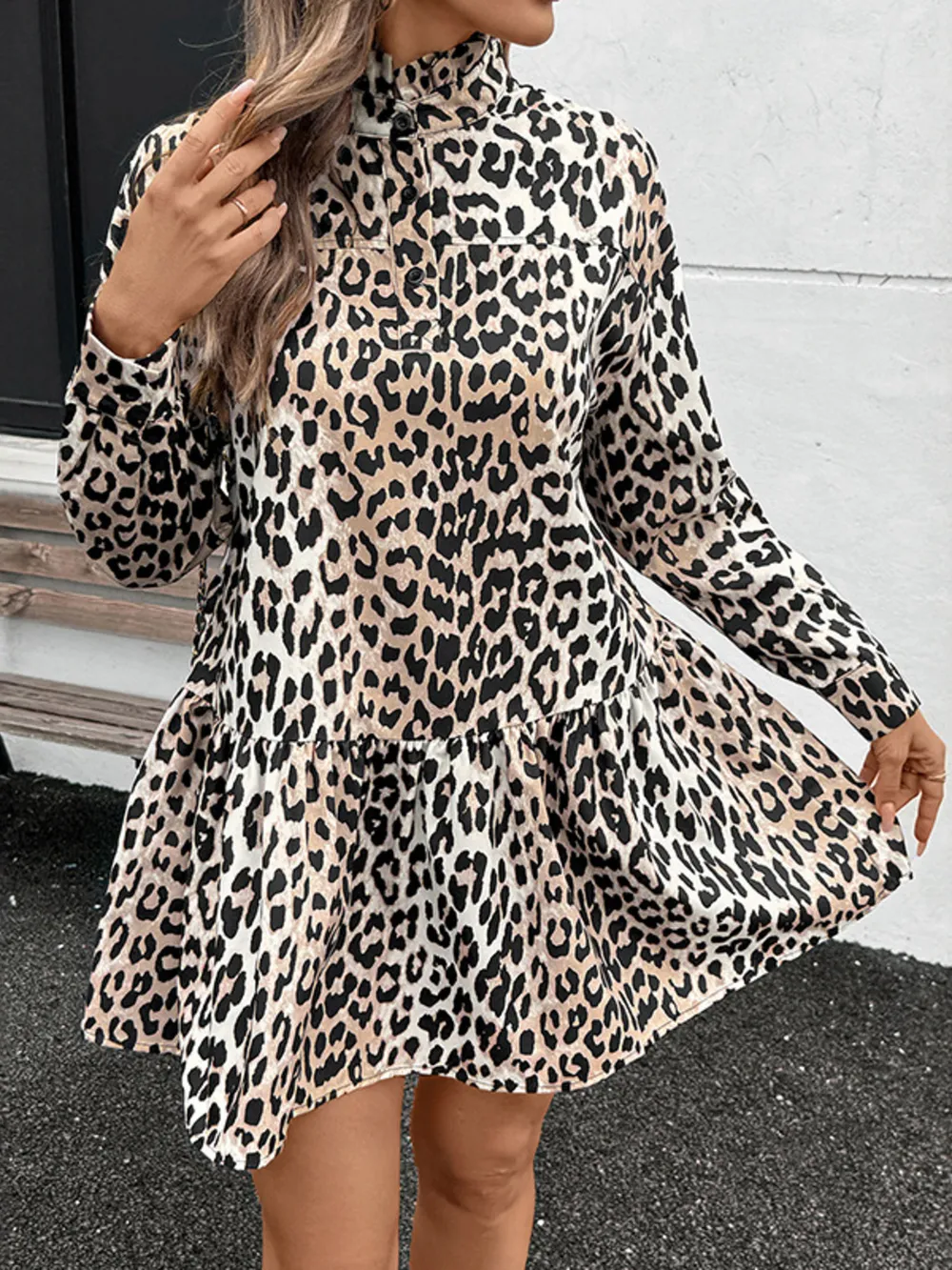 Leopard Print Long Sleeve Mock Neck Mini Dress, image 4