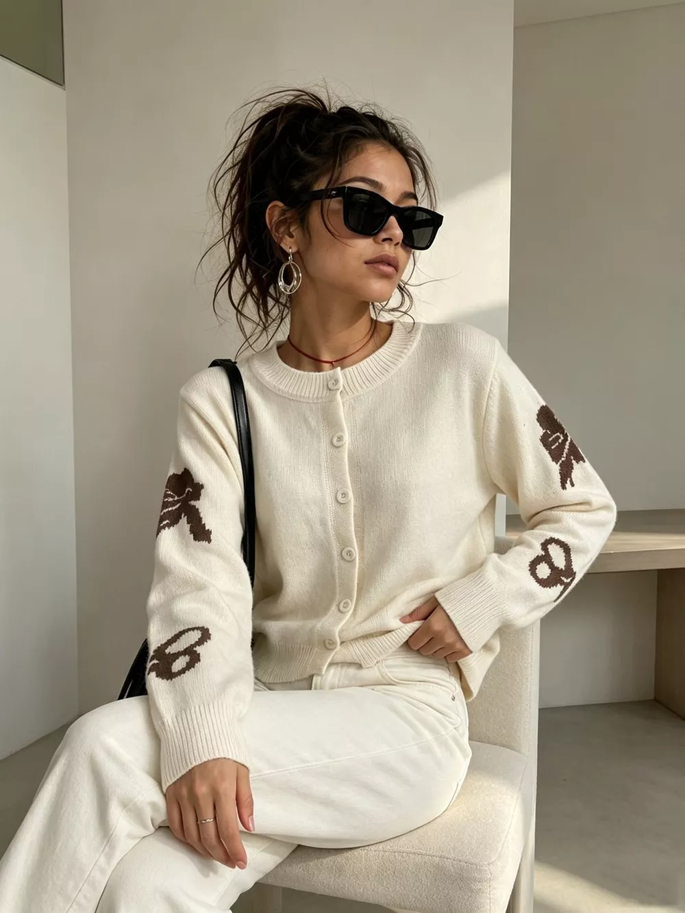 Floral Crew Neck Cropped Knit Cardigan, image 29