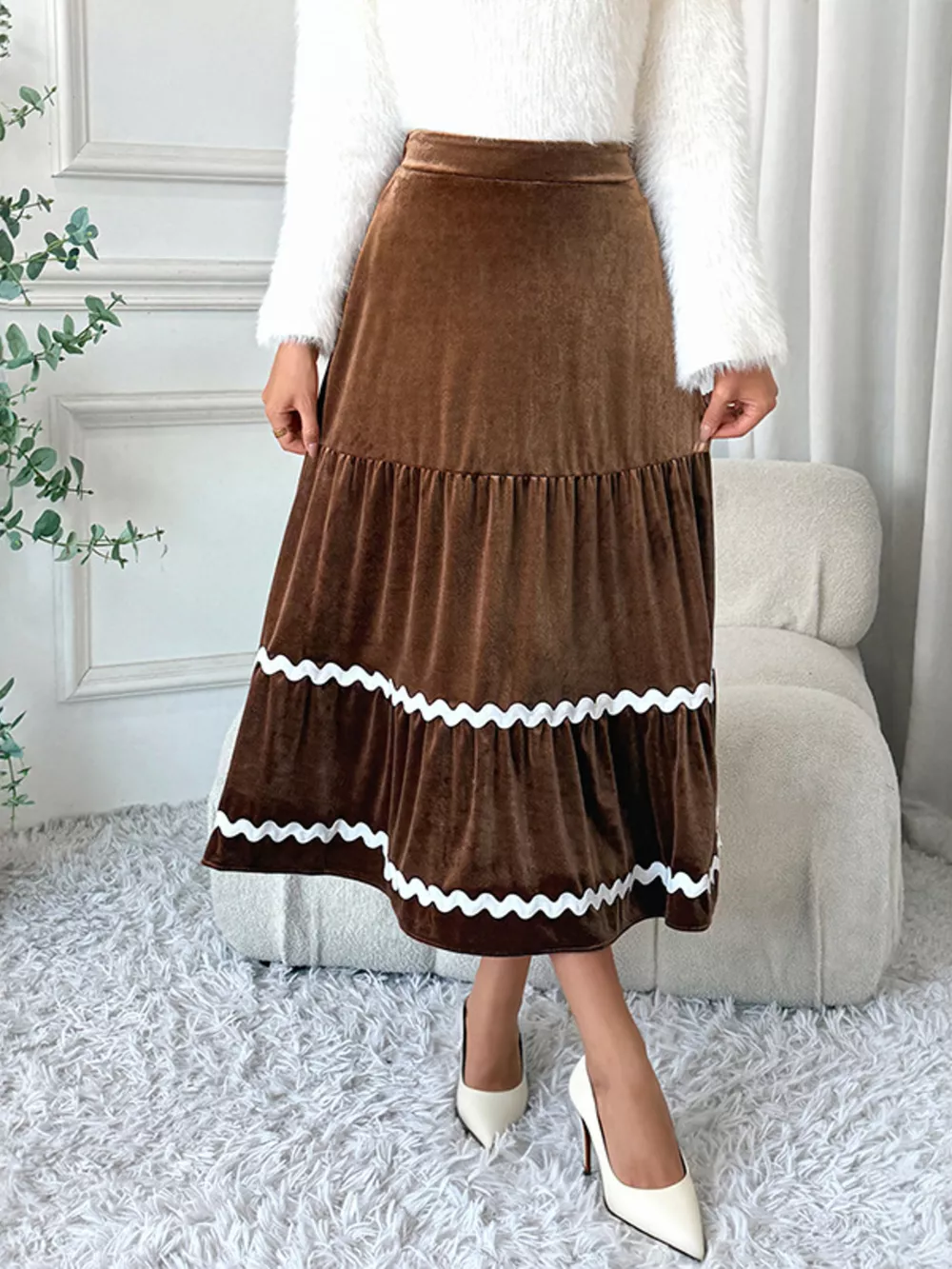 Velvet Tiered Midi Skirt