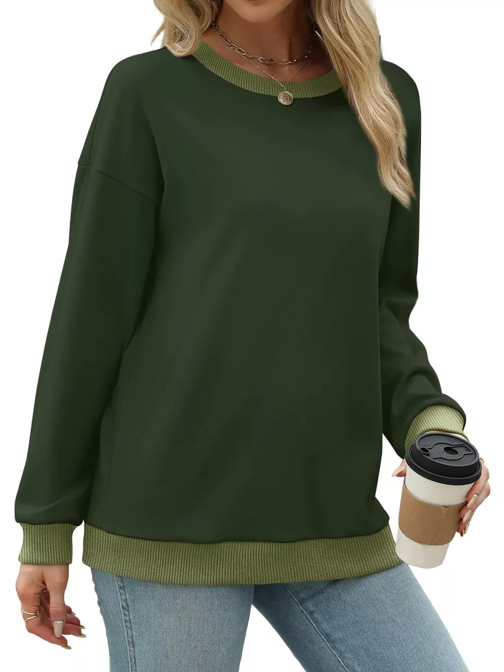 Contrast Trim Crew Neck Casual Sweatshirt, image 28