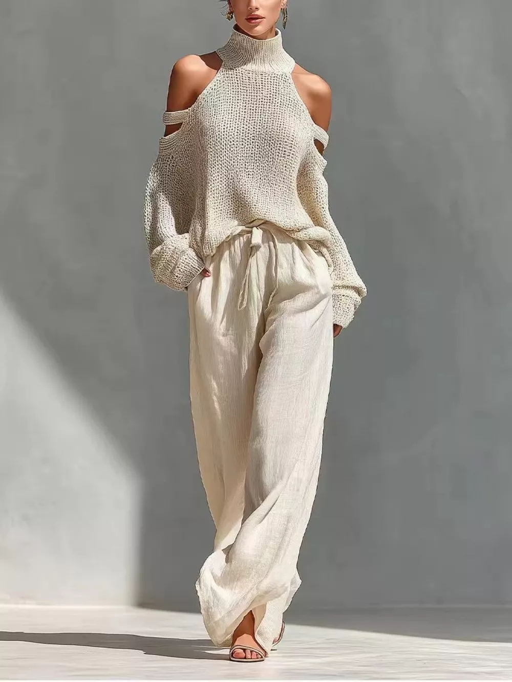 Cold Shoulder Turtleneck Top and Wide-Leg Pants Set