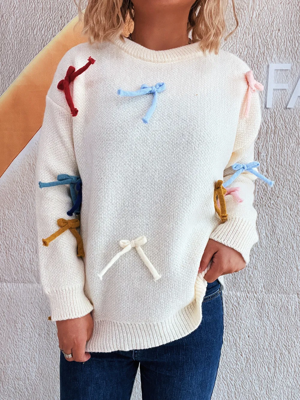 Colorful Bow Round Neck Sweater, image 22