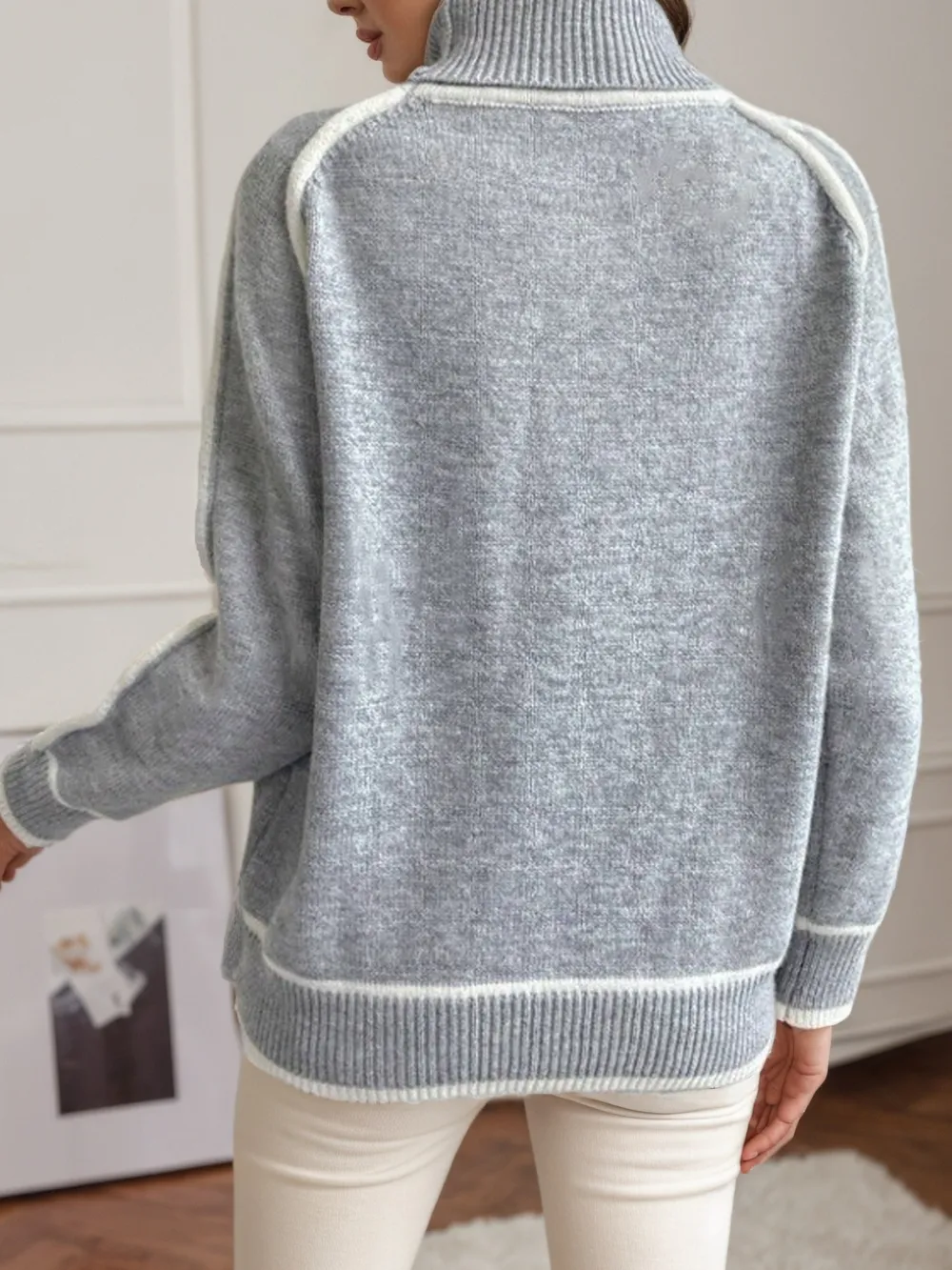 Turtleneck Contrast Trim Sweater with Ribbed Details, image 4