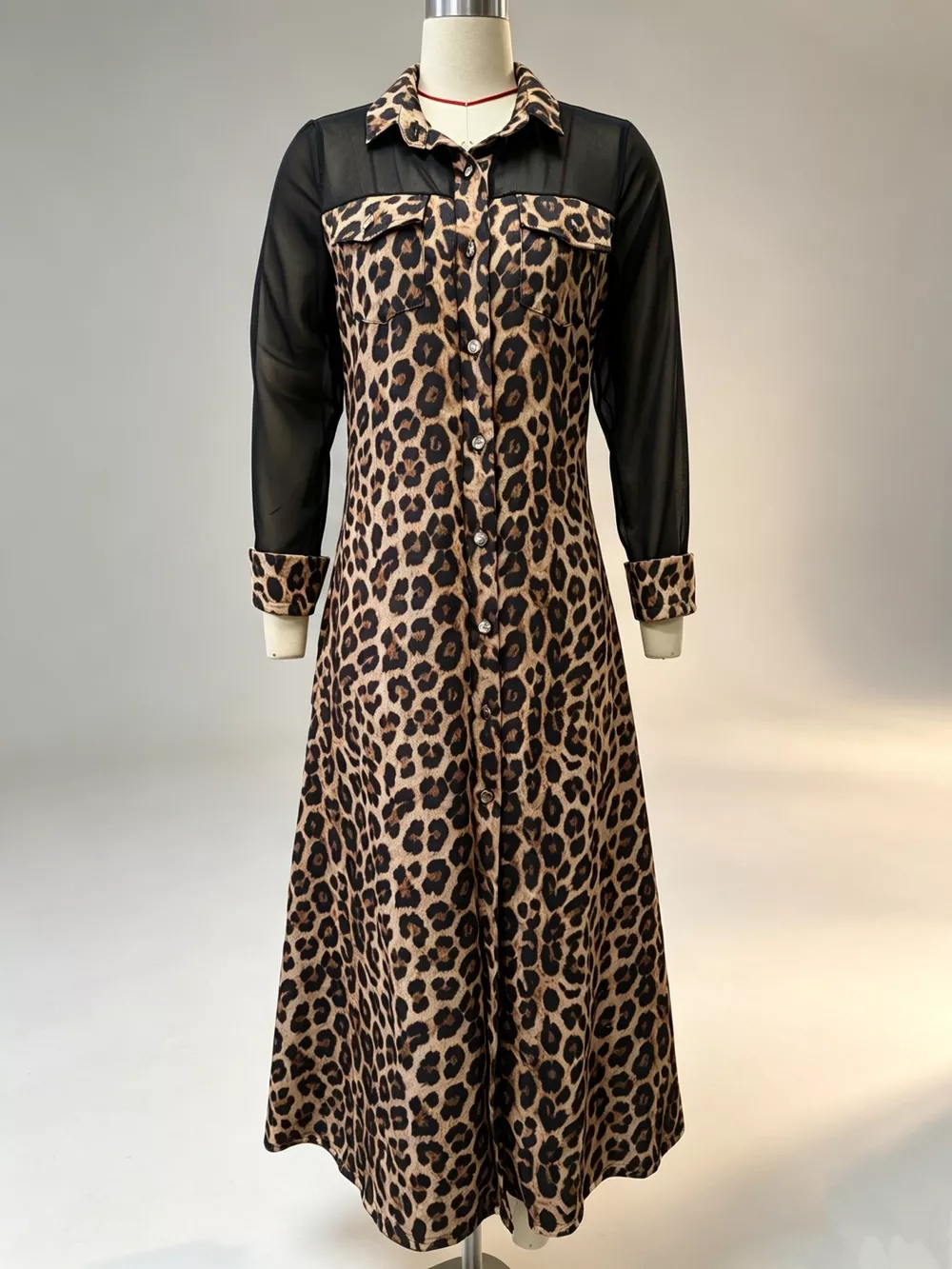 Full Size Leopard Print Sheer Mesh Panel Button-Down Maxi Dress Plus Size, image 3