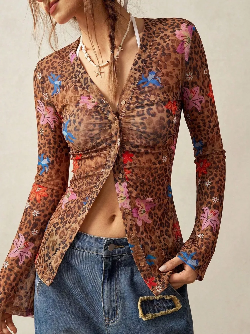 Printed Flare Sleeve Button Down Top, image 2