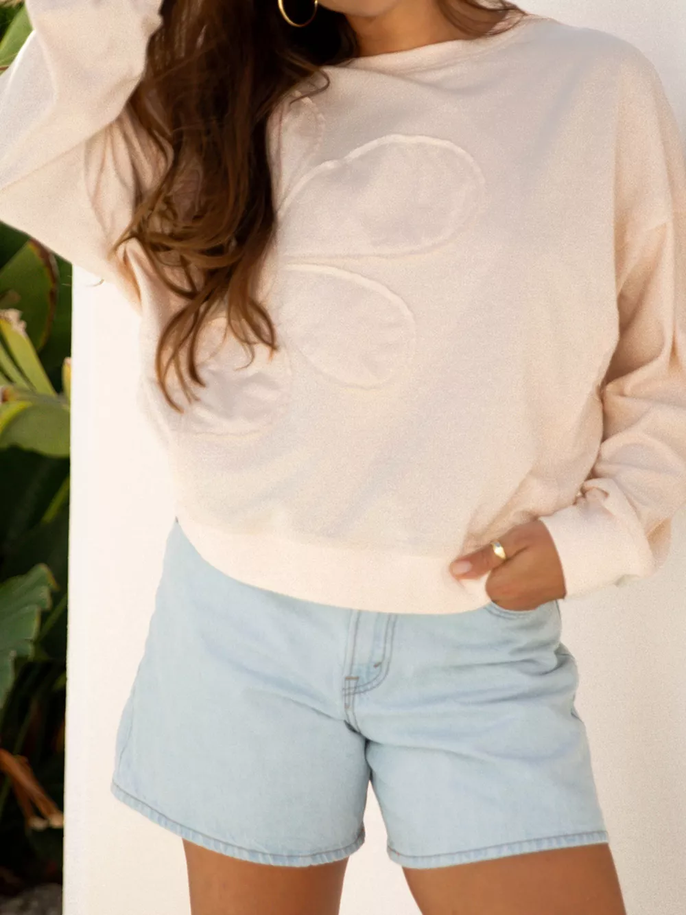 Raw Edge Flower Patch Drop Shoulder Casual Top