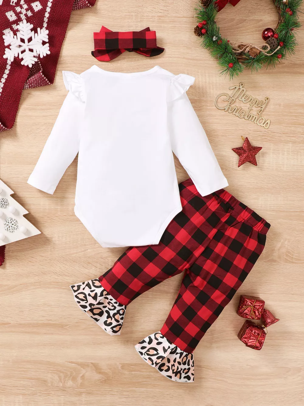 Children's Christmas Tree Graphic Top and Plaid Ruffle Pants Set with Headband, image 10