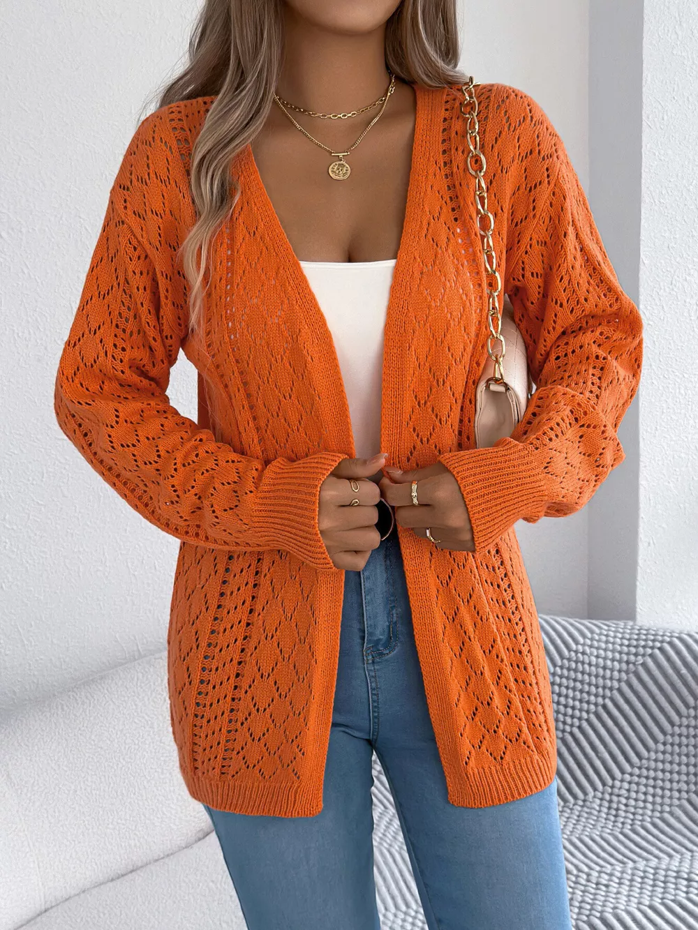 Openwork Open-Front Long Sleeve Cardigan, image 18