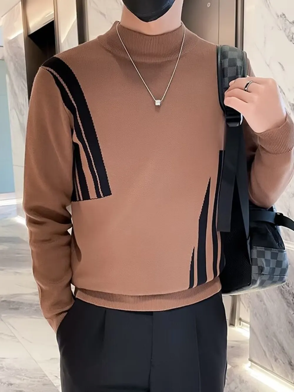 Men's Plus Size Striped Pattern Turtleneck Pullover, image 5