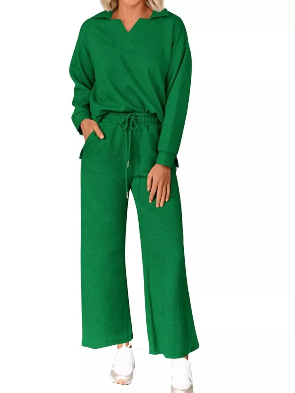 Side Slit Textured Top and Drawstring Pants Set, image 12