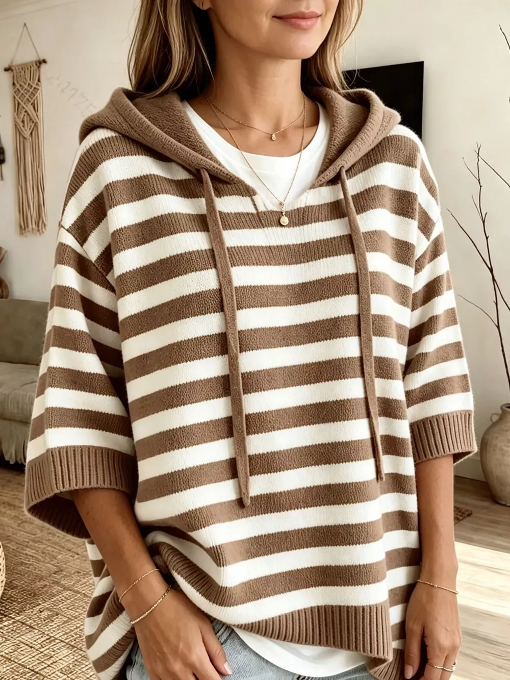 Full Size Drawstring Striped Hooded Sweater Plus Size, image 3
