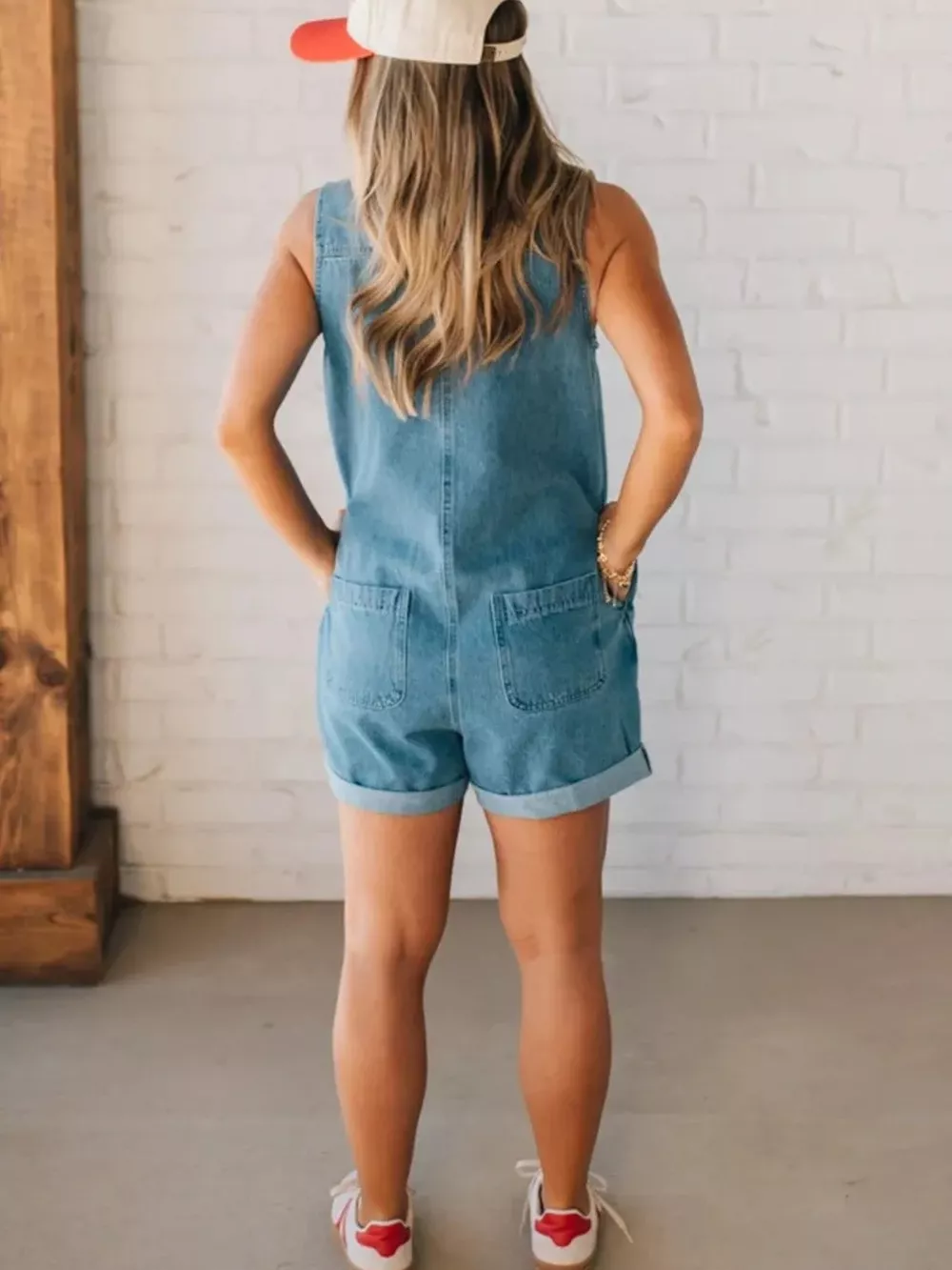 Sleeveless Zip-Up Denim Romper, image 4