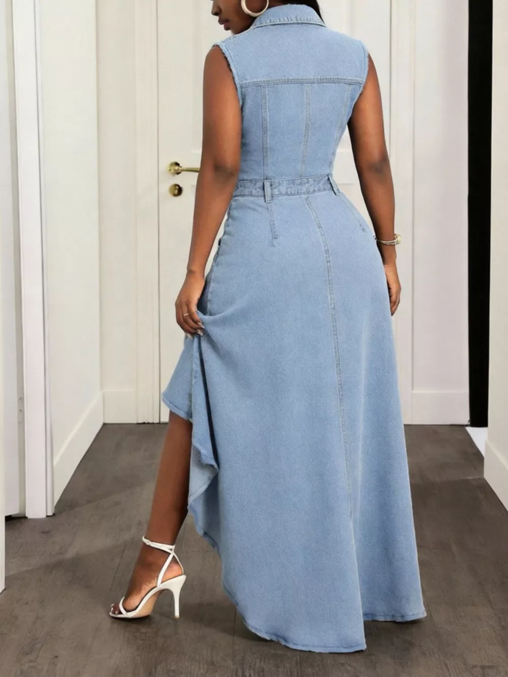 Sleeveless High-Low Button-Down Denim Dress, image 5