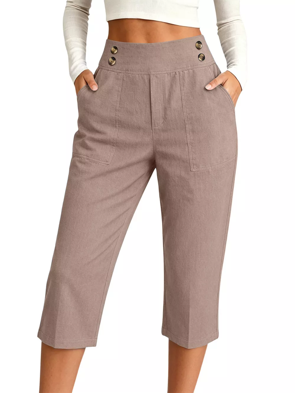 Full Size High-Waisted Button-Detail Cropped Pants Plus Size, image 13