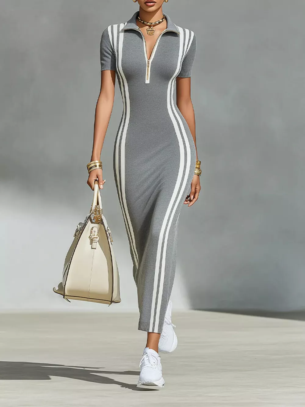 Full Size Contrast Stripes Short Sleeve Midi Dress Plus Size, image 2