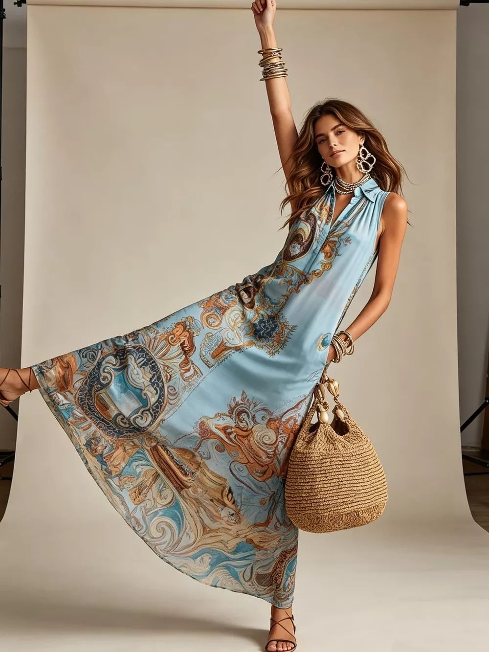 Full Size Bohemian Sleeveless Printed Maxi Shirt Dress Plus Size, image 2
