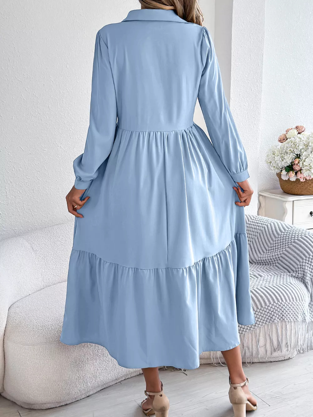 Long Sleeve Tiered Button Front Midi Dress, image 32
