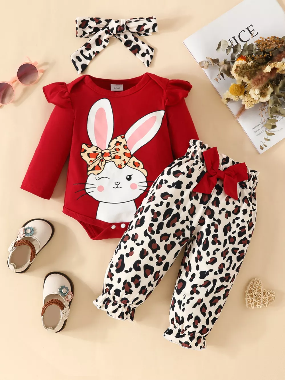 Children's Bunny Long Sleeve Bodysuit and Pants Set with Headscarf, image 2