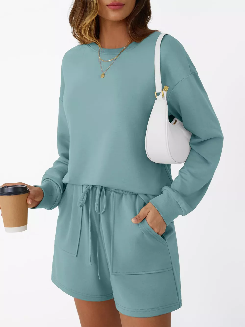 Round Neck Long Sleeve Top and Shorts Set, image 16