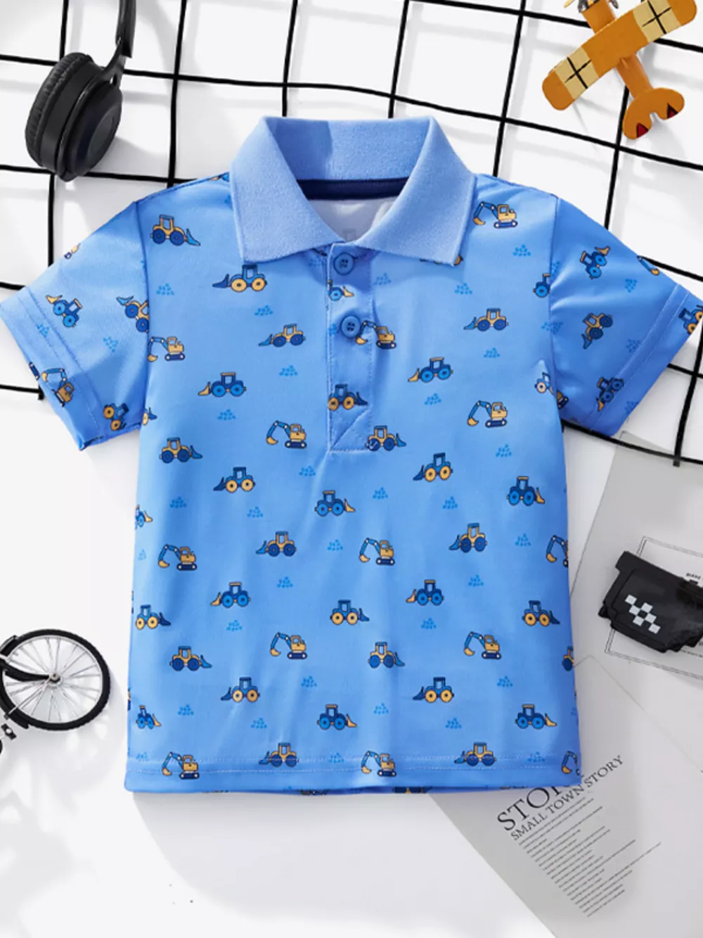 Children's Cartoon Excavator Print Short Sleeve Polo T-Shirt
