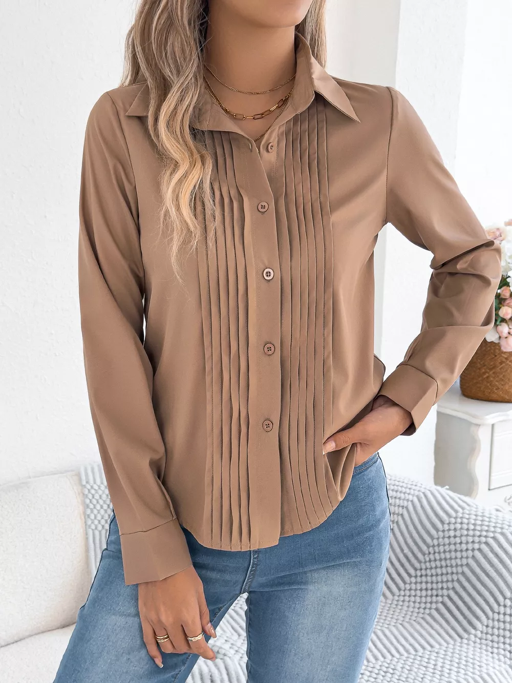 Pleated Front Long Sleeve Shirt, image 4