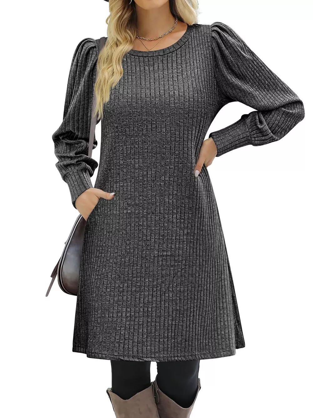 Ribbed Knit Puff Sleeve Casual Mini Dress, image 32
