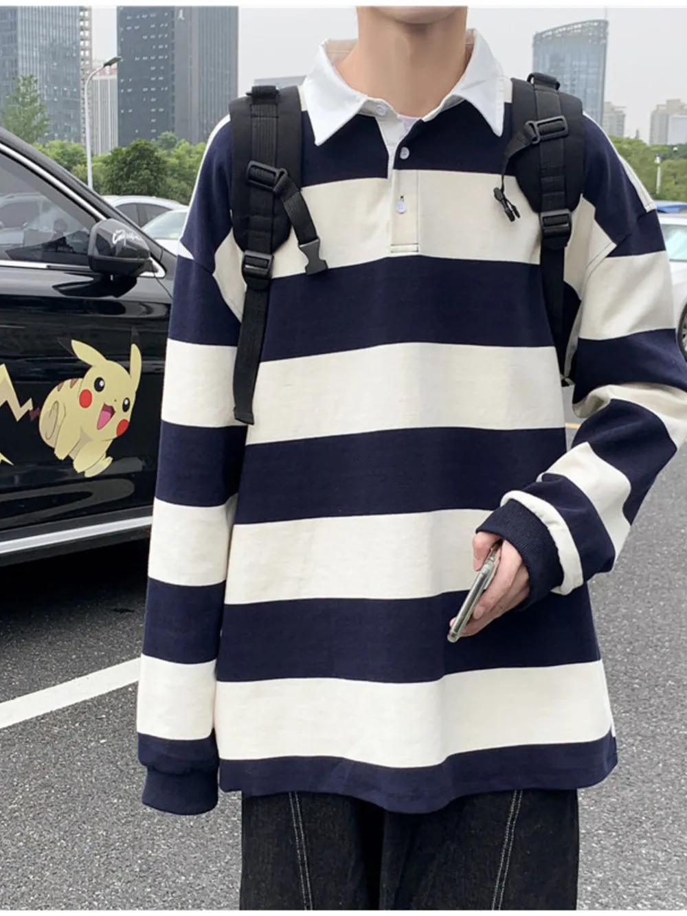 Men's Contrast Striped Long Sleeve Polo, image 2