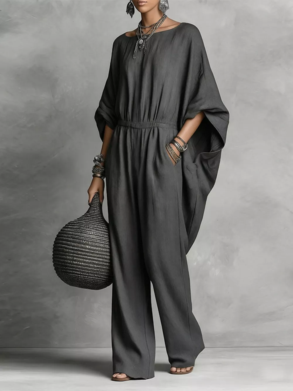 Full Size Boat Neck Batwing Sleeve Wide-Leg Jumpsuit Plus Size, image 5